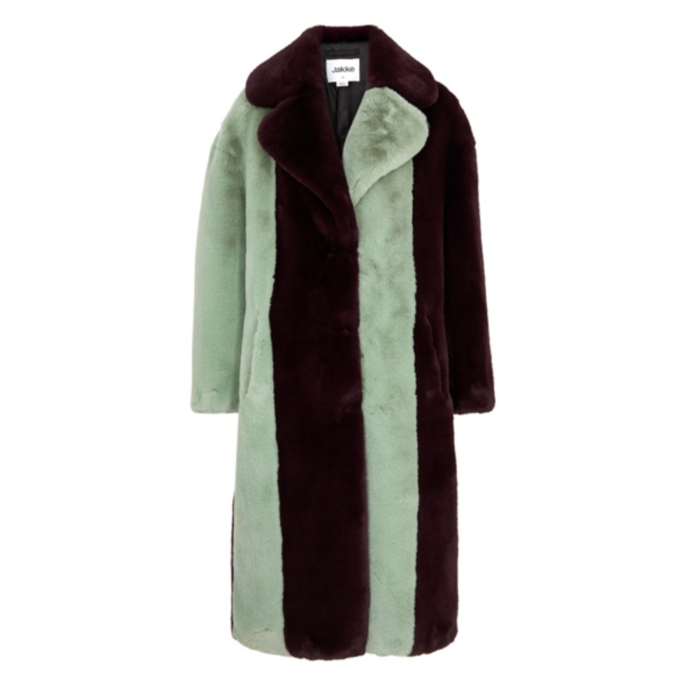Jakke Katie Striped Faux‎ Fur Long Coat Burgundy And Mint Stripe Msrp $799